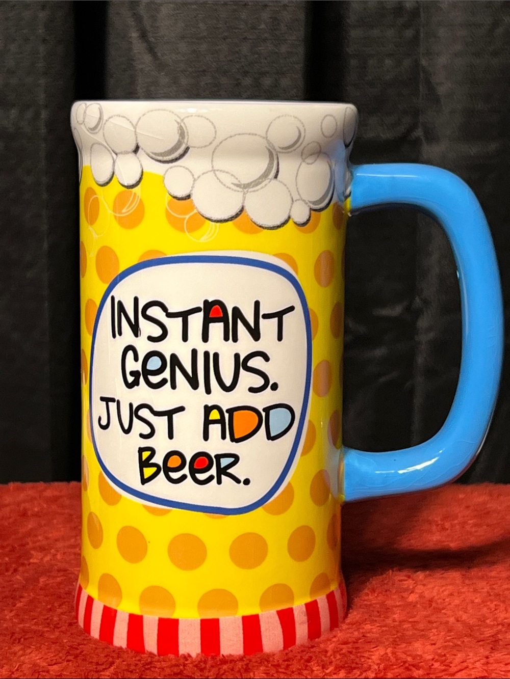 Giftcraft 2012 Instant Genius add Beer Yellow Ceramic Beer Mug with Blue Handle